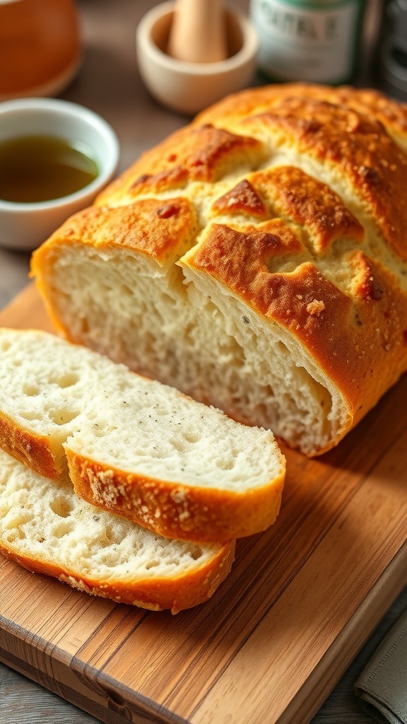 Gluten-Free Bread Recipe for the Oven Freshly baked gluten-free bread loaf sliced on a wooden board with olive oil and herbs.